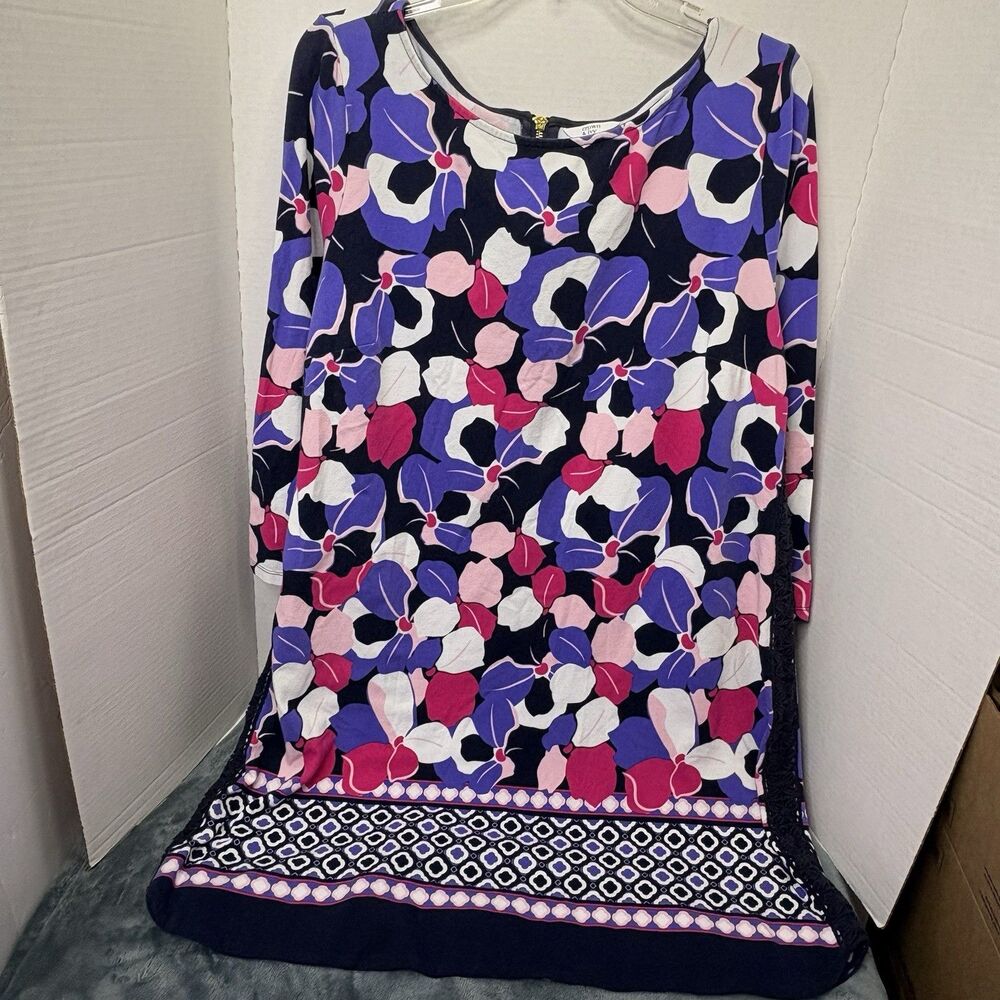 Crown & Ivy Navy/Pink Floral Stretch Knit Side Lace Back Zip Dress $99 XL